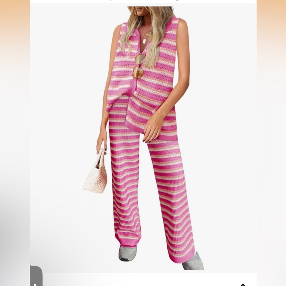 Pink Striped Crochet Knit Lounge Set — Size Small Viscose Blend 2-Piece 💖 NWOT - Picture 2 of 3